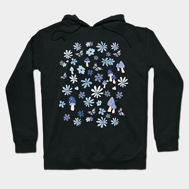 Light Blue Flowers Butterflies and Mushrooms Cottagecore Aesthetic Hoodie by YourGoods